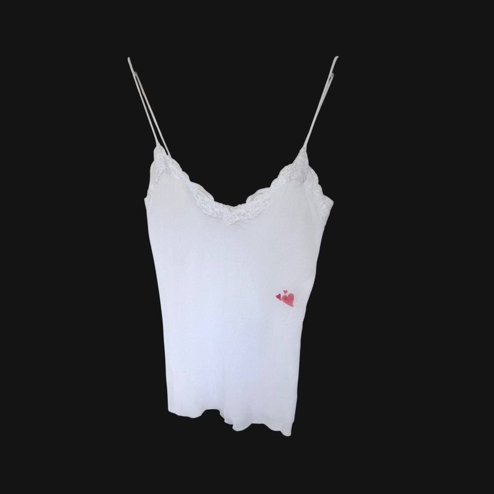 Only Hearts NYC White Lace Trim Mesh Camisole Pink Hearts Coquette Top P/S